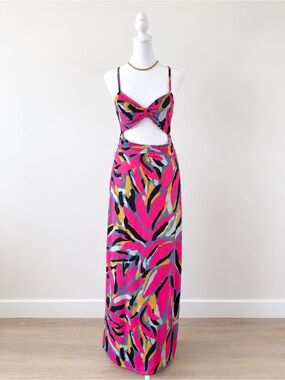 Forever Cute Multicolor Abstract Print Cutout Slit Maxi Dress Size M